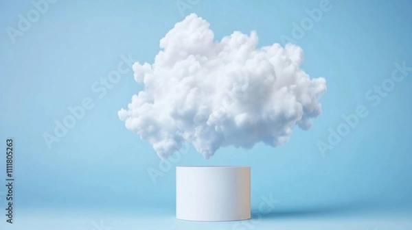 Fototapeta Floating cloud formation above a minimalistic white pedestal on a blue background