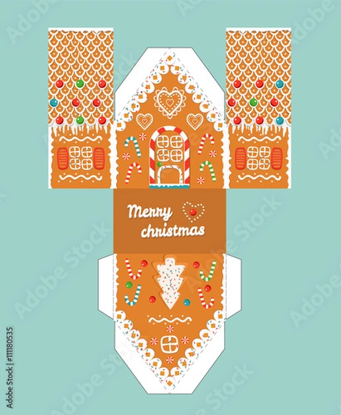 Fototapeta Printable gift gingerbread house with christmas glaze elements. Template for 3 d house.