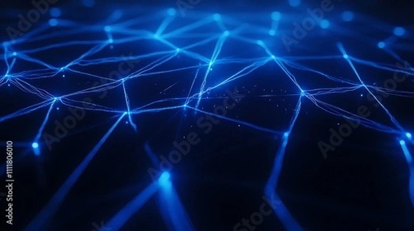 Fototapeta Abstract Blue Light Network Connection Visualization with Illuminated Nodes and Lines on Dark Background