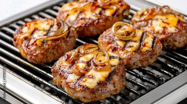 Obraz Grilled meat patties topped with cheese and onions on a barbecue grill, showcasing juicy, flavorful cooking.