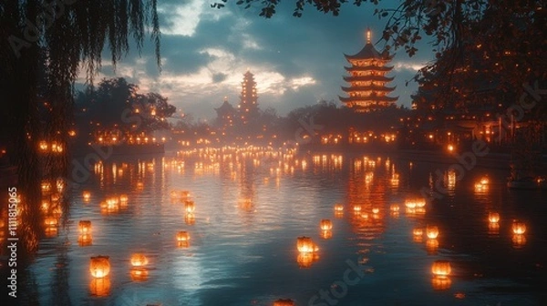 Fototapeta A vibrant night scene of a Chinese river covered with glowing lanterns floating on the water, surrounded by traditional pagodas and willow trees illuminated by soft golden light