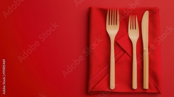 Fototapeta Homemade creative and eco-friendly Wooden cutlery arranged on a red textured napkin, perfect for dining or catering themes.
