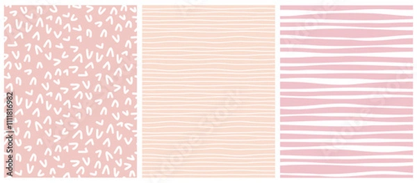 Obraz Trendy Seamless Childlike Vector Patterns. Abstract Doodle Print. White Hand Drawn Arcs and Stripes on a Coral and Pastel Pink Background. Irregular Geometric Pattern. Girly Childish Print. 