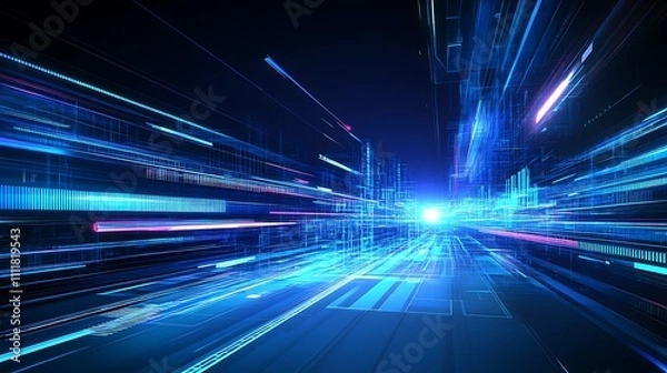 Fototapeta Abstract futuristic digital landscape with vibrant blue lights and dynamic motion effects in dark space environment