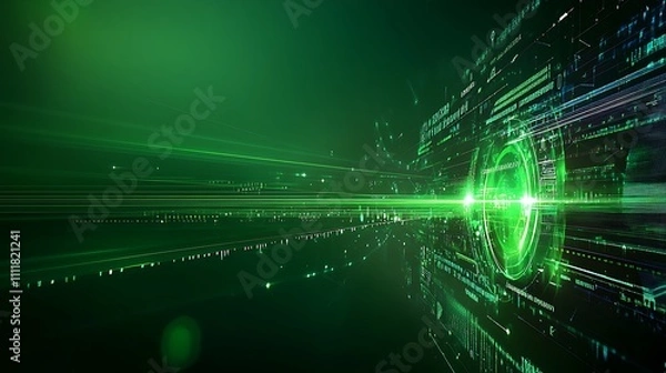 Obraz Abstract Green Digital Background with Futuristic Data Lines and Light Rays for Technology and Innovation Themes