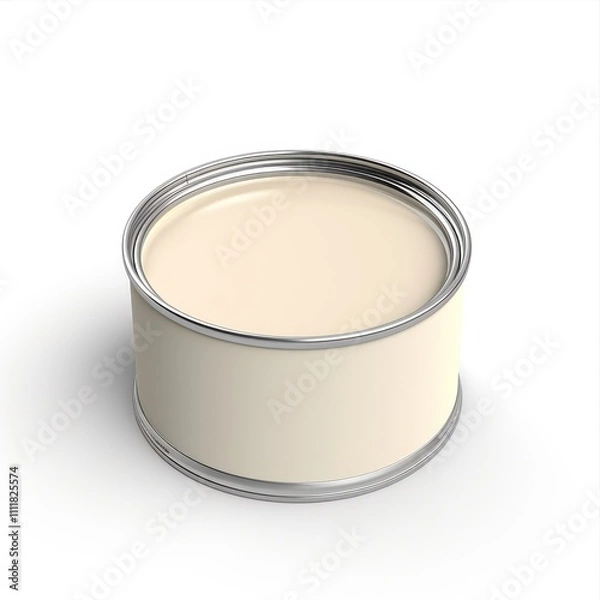 Fototapeta Blank white metal can with a clean, minimalist design, ideal for food storage, branding, or packaging mockups. The cylindrical container is isolated on a white background