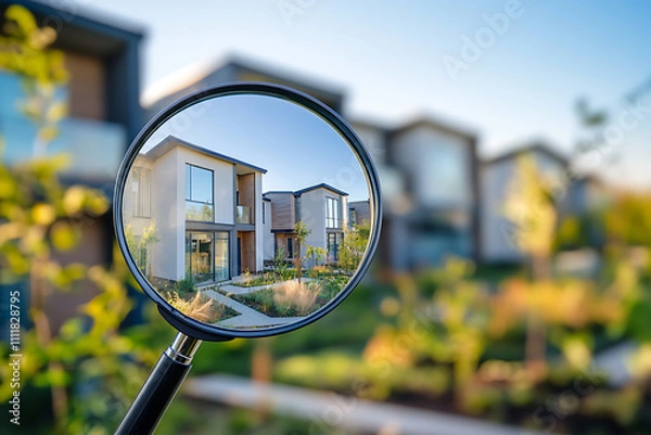 Fototapeta Magnifying glass focusing on a modern house, symbolizing property search for rental or purchase in a clean, minimalistic style.
