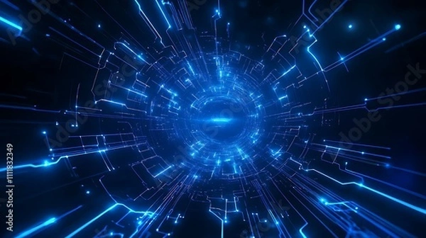 Fototapeta Futuristic Abstract Technology Background with Blue Light Trails and Digital Circuits in a Dark Environment