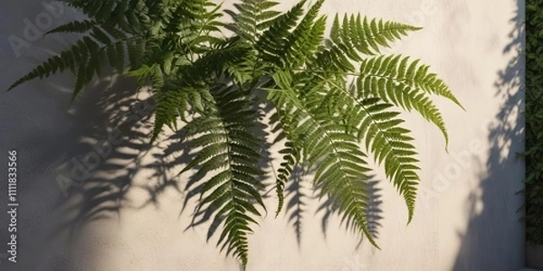 Obraz A fern with sunlight filtering through its leaves creating intricate shadows on the wall , interior, wall, sun