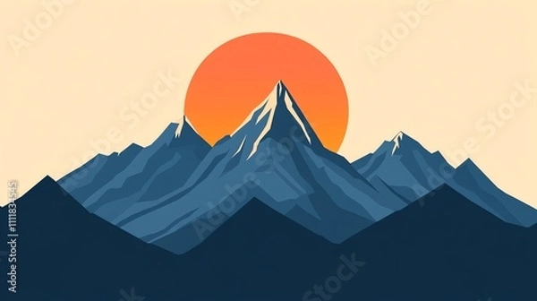 Fototapeta A simple illustration of a mountain range with a bright orange sun in the background.