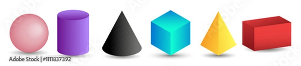Fototapeta Set of 3d geometric shapes. Isometric views of sphere, cylinder, cone, cube, pyramid and parallelepiped. Vector illustration isolated on white background.