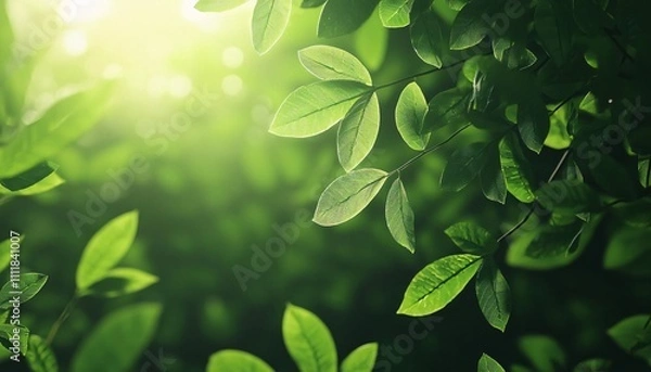 Fototapeta Close-up of lush green leaves with sunlight filtering through, creating a serene natural atmosphere.