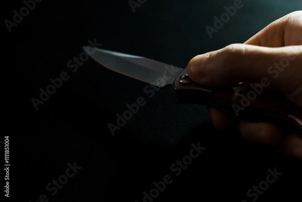 Obraz Folding knife in hand with wooden handle on dark background