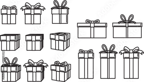 Fototapeta set of gifts presents in different shape in easy clean lines vector drawing on white background