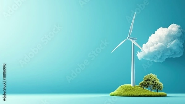 Fototapeta A wind turbine is on a hill with trees and a cloud in the background