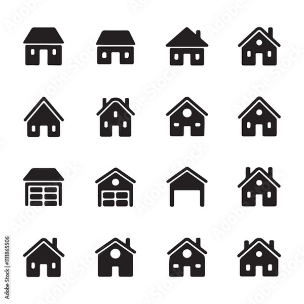 Fototapeta Symbols or icons of houses, buildings isolated on black. Silhouette 