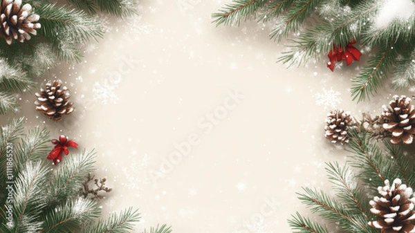 Fototapeta Rustic holiday frame with wreaths and pine branches vector illustration