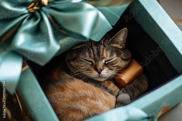 Obraz A cozy cat curled up in a gift box, surrounded by a large teal bow, creating a heartwarming and playful scene.
