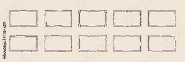 Fototapeta Black rectangular frames with linear geometric borders and place for text, isolated on a pale beige background. Art Deco style collection. Vector set for invitation card, postcard, label, signage, tag