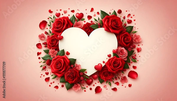 Obraz  Valentine’s Day background with red roses and scattered petals, leaving a blank heart-shaped 