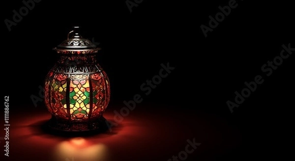 Fototapeta Stylish, glowing lantern in a dark, dramatic setting.. A striking, 3D rendered image of a dark metal lantern with a unique, slatted design.