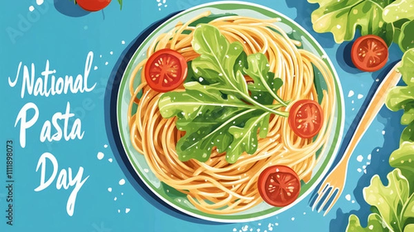 Fototapeta National Pasta Day illustration featuring a plate of spaghetti with arugula, tomatoes, and festive elements