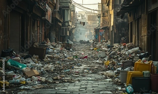Fototapeta Trash-filled alleyway between dilapidated buildings.