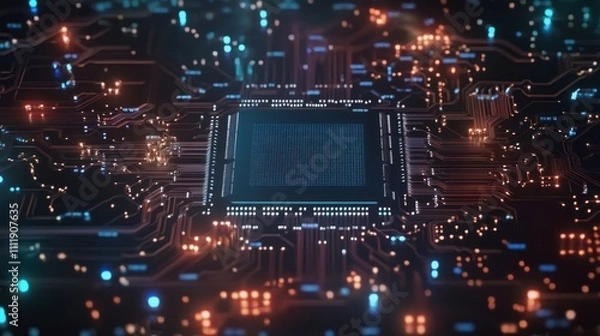 Fototapeta AI artificial intelligence data mining circuit board electronic deep learning Computer chip technology. Digital blue neon futuristic technology themed motion graphics. Motherboard macro shot.