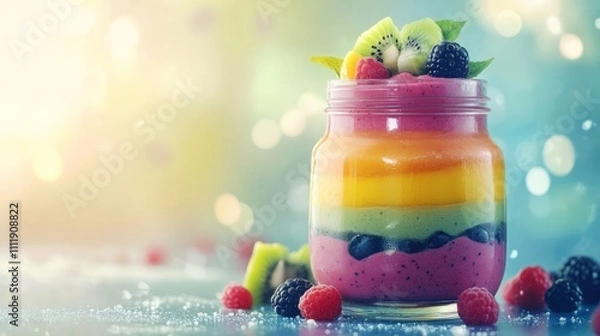 Obraz Rainbow Fruit Smoothie in a Jar: Vibrant layered smoothie with raspberries, kiwi, and mango. Healthy summer treat!