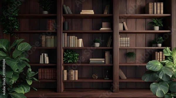 Fototapeta Bookshelf with plant decor for virtual office background