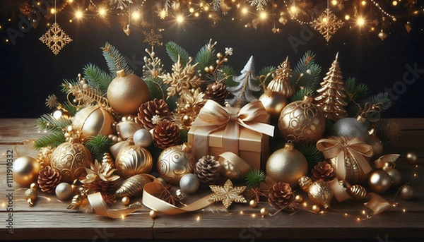 Obraz luxurious Christmas background with gold and silver baubles, ribbons, and twinkling lights