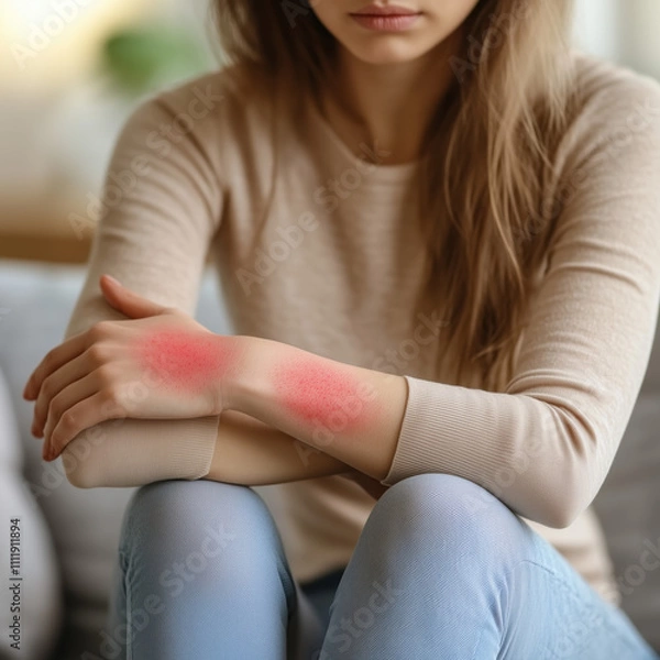 Fototapeta Young Woman with Red Rashes on Her Hand, Showing Skin Irritation in a Home Room Setting