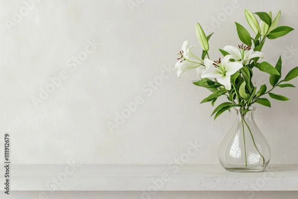 Fototapeta Fresh white lilies in modern glass vase on minimalist shelf, adding elegance to any space. simplicity of design enhances beauty of flowers
