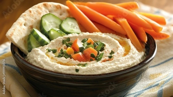 Obraz Delicious Creamy Hummus with Pita Bread, Cucumber, and Carrots