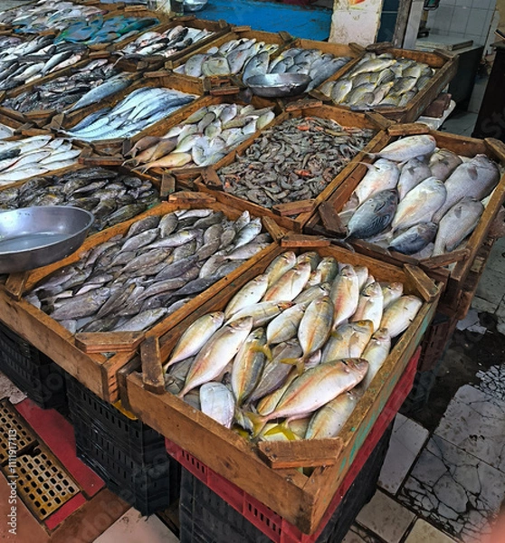 Fototapeta Fish market. Fresh fish on the counter. Day. Autumn. Egypt.