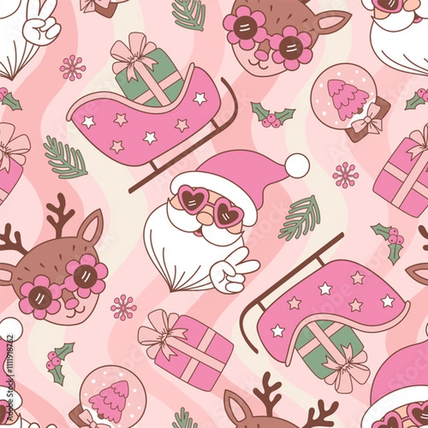 Fototapeta Christmas seamless pattern with cute Santa Claus, reindeer, sleigh