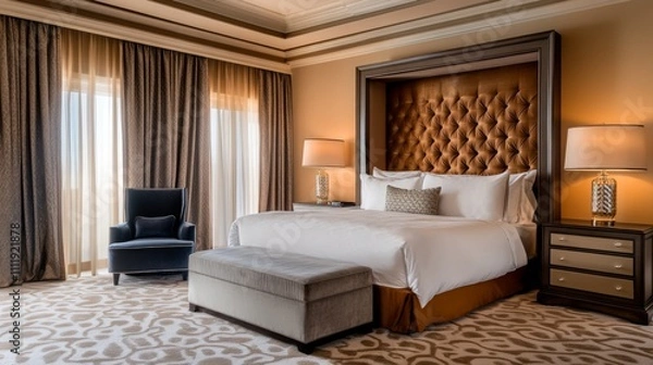 Fototapeta Elegant and Cozy Bedroom with Modern Decor and Soft Lighting