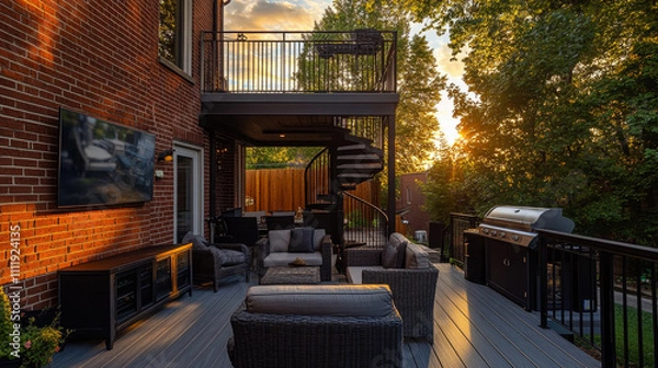 Obraz 
A 3D rendering of a beautiful patio at sunset, attached to a charming red brick home. The warm glow of the setting sun casts a soft light on the space, enhancing its inviting atmosphere. 