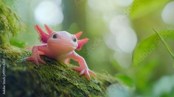 Fototapeta Unique Pink Salamander on Mossy Log Surrounded by Lush Greenery in Bright Natural Environment