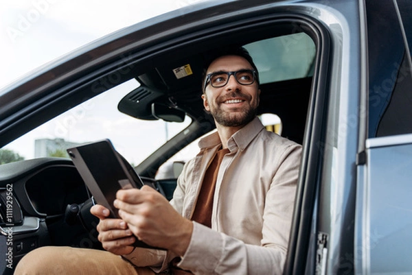 Fototapeta Confident Hispanic man holding digital tablet, using mobile app or navigator in modern new car