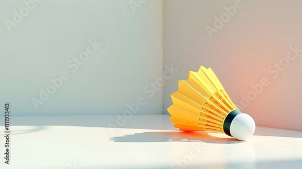Obraz A vibrant yellow shuttlecock rests on a pristine white surface, bathed in warm sunlight. Its shadow dances playfully on the backdrop, creating a moment of tranquil beauty.