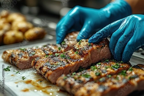 Obraz A person is preparing meat on a cutting board with a blue glove on their hand