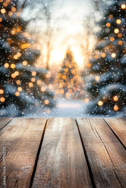 Fototapeta Empty wooden table top with snowy winter forest and glowing Christmas lights in background. Template with copy space for product display