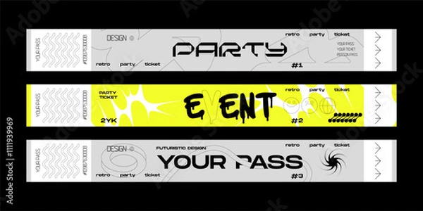 Fototapeta Control ticket bracelets for events, disco, festival, fan zone, party, staff. Vector mockup of a festival bracelet in a futuristic y2k style.