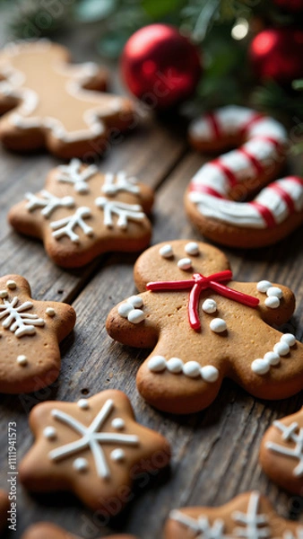 Fototapeta Festive Gingerbread Cookies on Rustic Wood: Perfect for Holiday Marketing, Recipe Blogs, and Seasonal Promotions