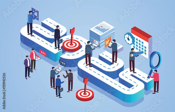 Fototapeta New Team Business Paths and Goals, Teamwork to Achieve Goals, 2025 Business Forecasts and Business Opportunities, Isometrics A Group of Businessmen Active on Digital 2025