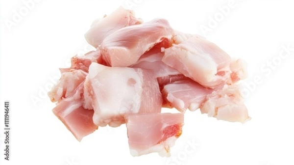 Fototapeta Close-up of various pieces of lard with visible streaks of meat, arranged on a clean white background, showcasing marbling textures and vibrant natural colors for culinary visuals.