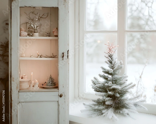 Fototapeta Christmas tree in front of a window inside a room
