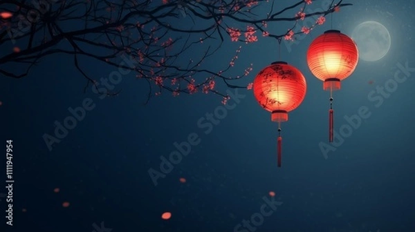 Fototapeta Dark blue banner with traditional red Chinese lanterns hanging from a tree branch. Copy space, free space for text