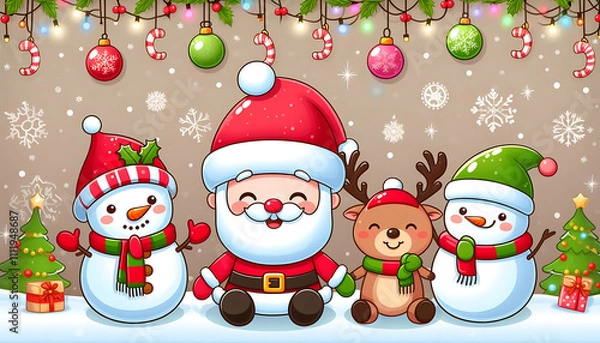 Obraz Christmas cartoon background with smiling snowmen, reindeer, and Santa hats'